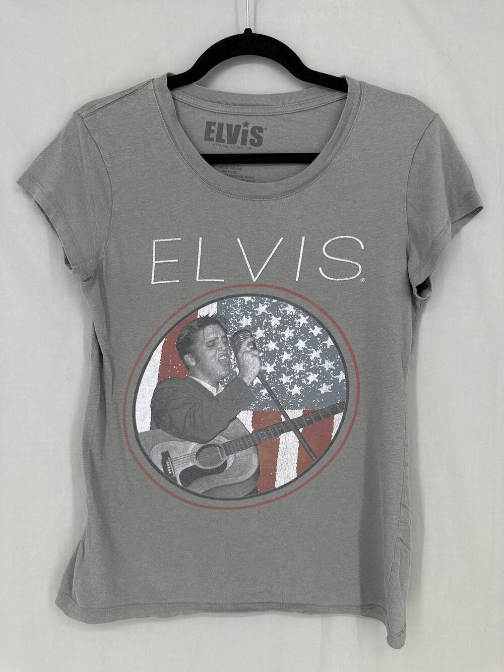 Elvis Shirt Womens Large Gray Baby Tee Fitted American Flag Graphic Presley